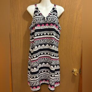 NWT Skies Are Blue Stitch Fix Navy Geometric V Neck Dress Back Cut Outs Medium